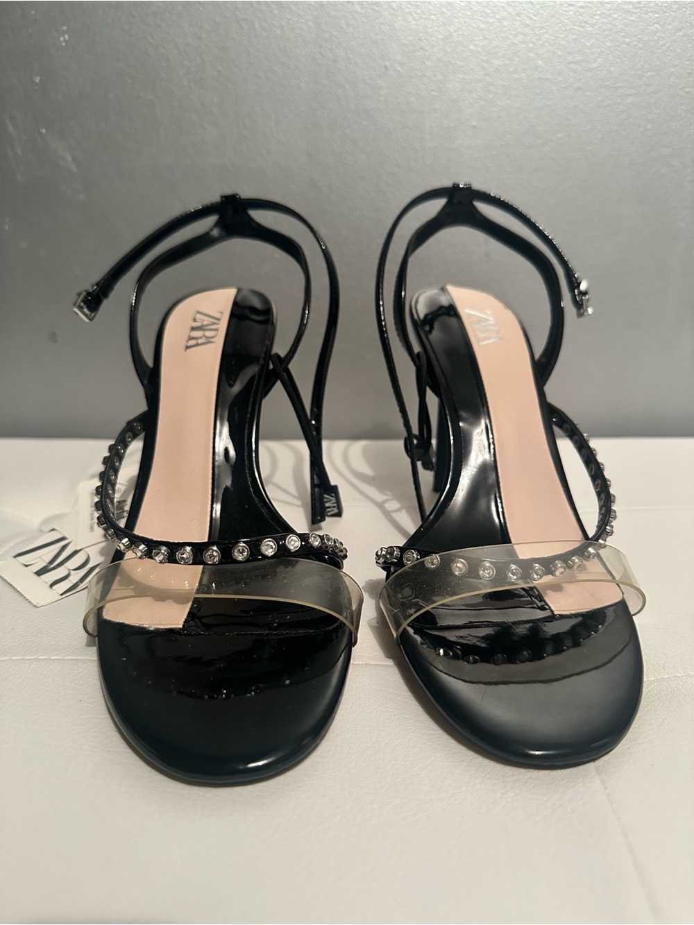Zara Black Patent Heels with Clear Strap and Rhinestone Detail